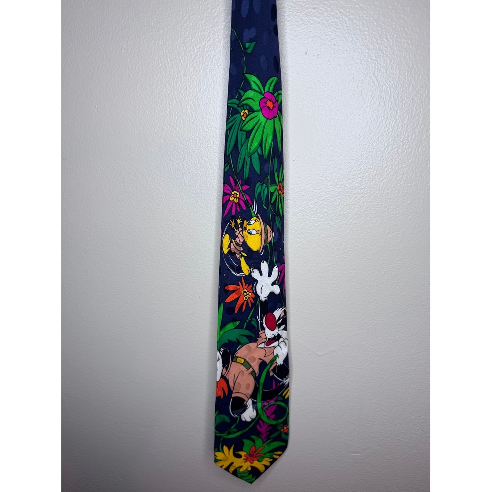 Vintage 1993 Looney Tunes Addiction Silk Tie Tweety Sylvester Jungle Navy Blue